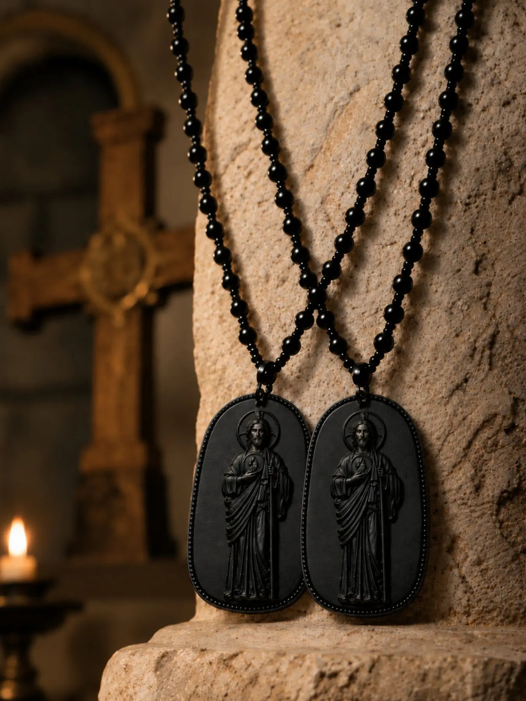 Saint Jude Pendant Necklace, Vintage Guardian Figure Carving Pendant, Gothic Atmosphere Beaded Necklace, Catholic Christian Religious Jewelry，San Judas Tadeo, Collar San Judas, Men's Necklace，Pendants of Jesus and Our Lady of Guadalupe, Catholic
