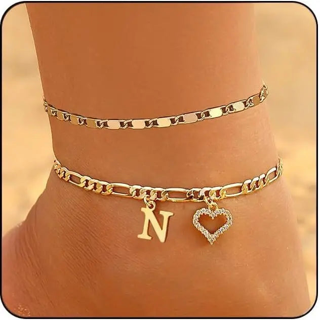 Women's Initial Heart Charm Anklet - Adjustable Gold-Plated Waterproof Anklets for Women with Gold Accents, Ideal for Summer Beach Wear or Romantic Gifting, Gold Accents Anklets
