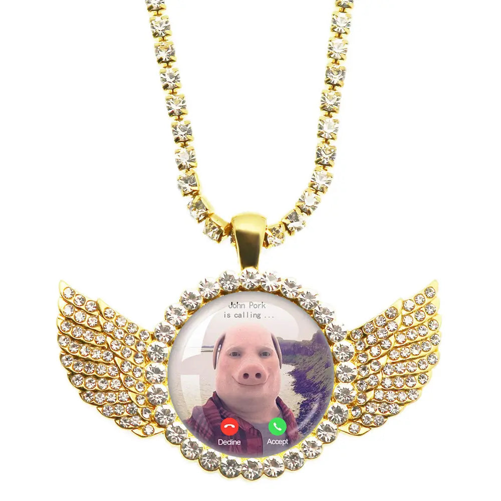 Whimsical John Pork Calling Phone Graphic Pig Necklace - Costume Jewelry for Women, Quirky Gift Accessories for Women, Moon Design POP Style Necklaces