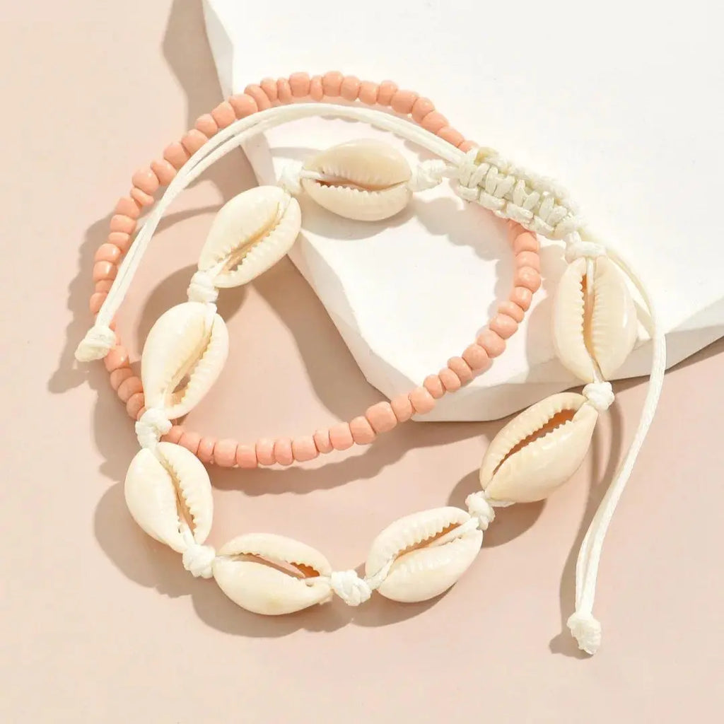 2PCS Bohemia Natural Shell Anklets For Women Small Resin Beads Summer Beach Shell Barefoot Ankle Bracelet Leg Chain Foot Jewelry