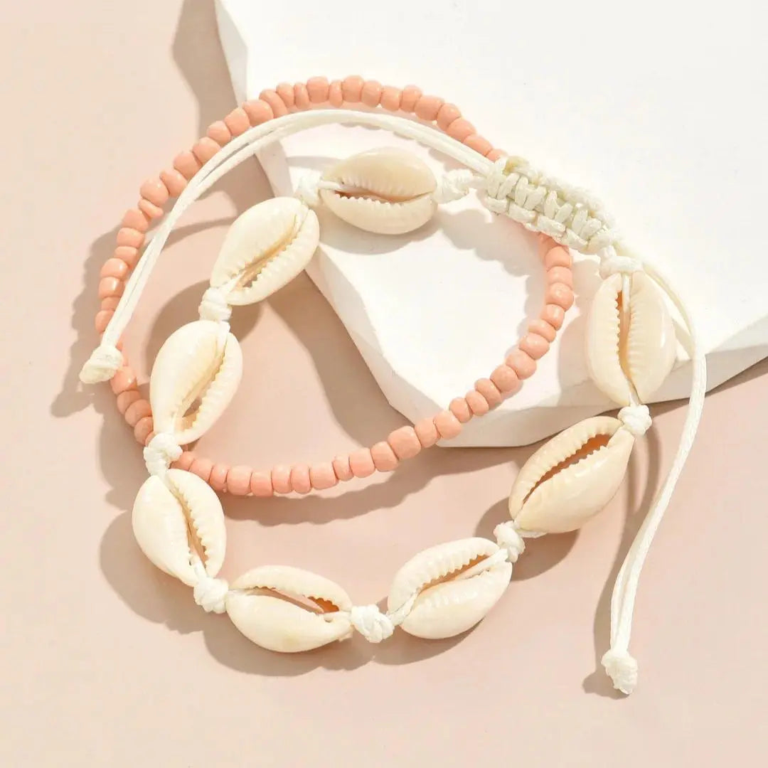2PCS Bohemia Natural Shell Anklets For Women Small Resin Beads Summer Beach Shell Barefoot Ankle Bracelet Leg Chain Foot Jewelry