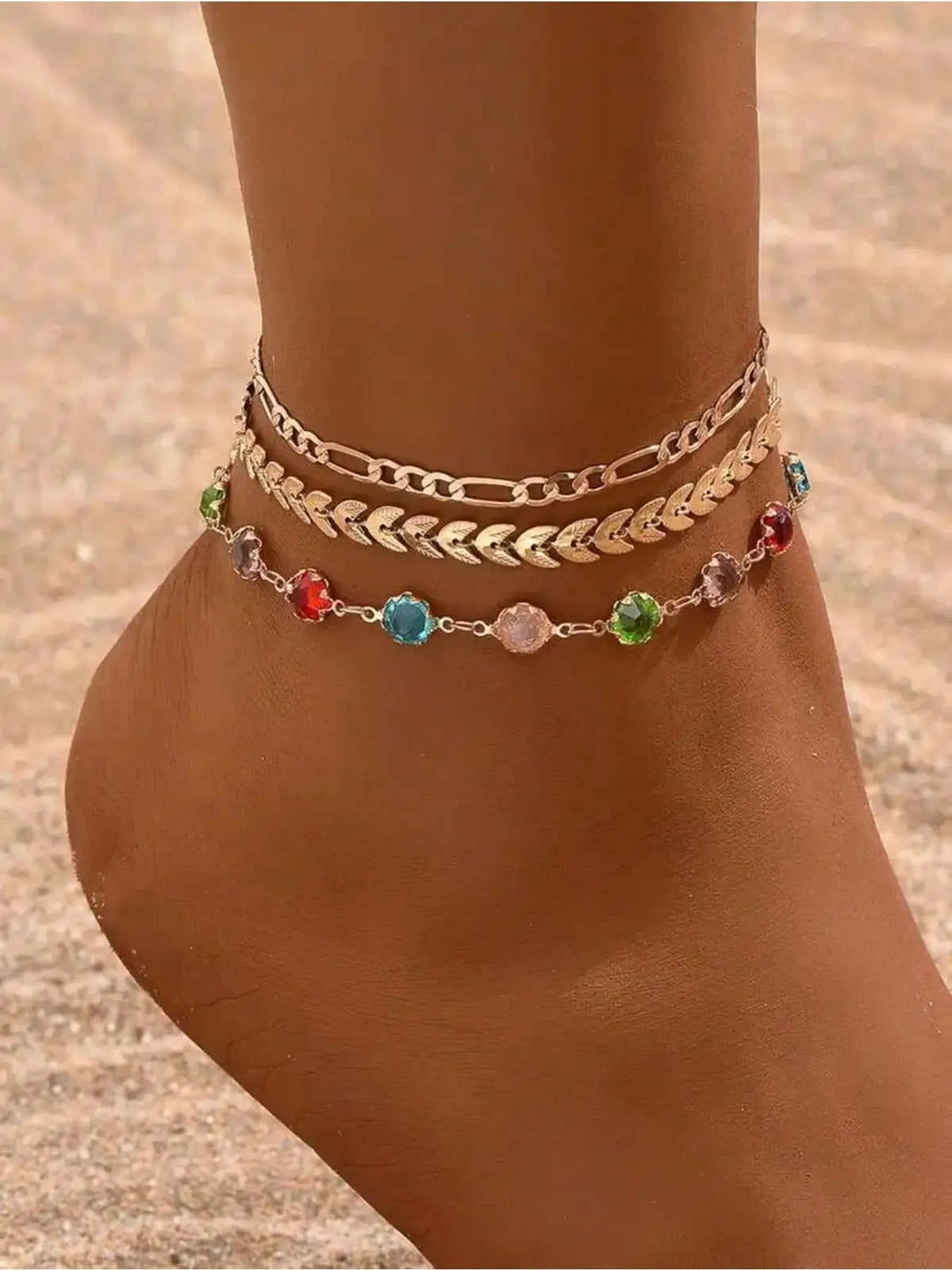 3-Piece Fashion Wheat Ears Colorful Rhinestone Chain Layered Anklet Set for Women, Simple and Stylish Party Wedding Vacation Anklets, Dainty Layered Anklet, Foot Jewelry, Accessories, Fashionable Accessory, Trendy Fashionable Accessories