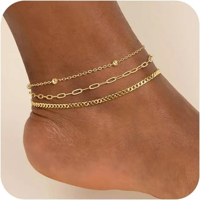 TEWIKY Dainty Layered Waterproof Anklet For Women Adjustable Womens Anklet Set Stackable Figaro Beaded Cuban Link Anklets Daily Clothing Decor For Beach Summer Trendy All-match & Exquisite Jewelry For Valentine's Day gifts
