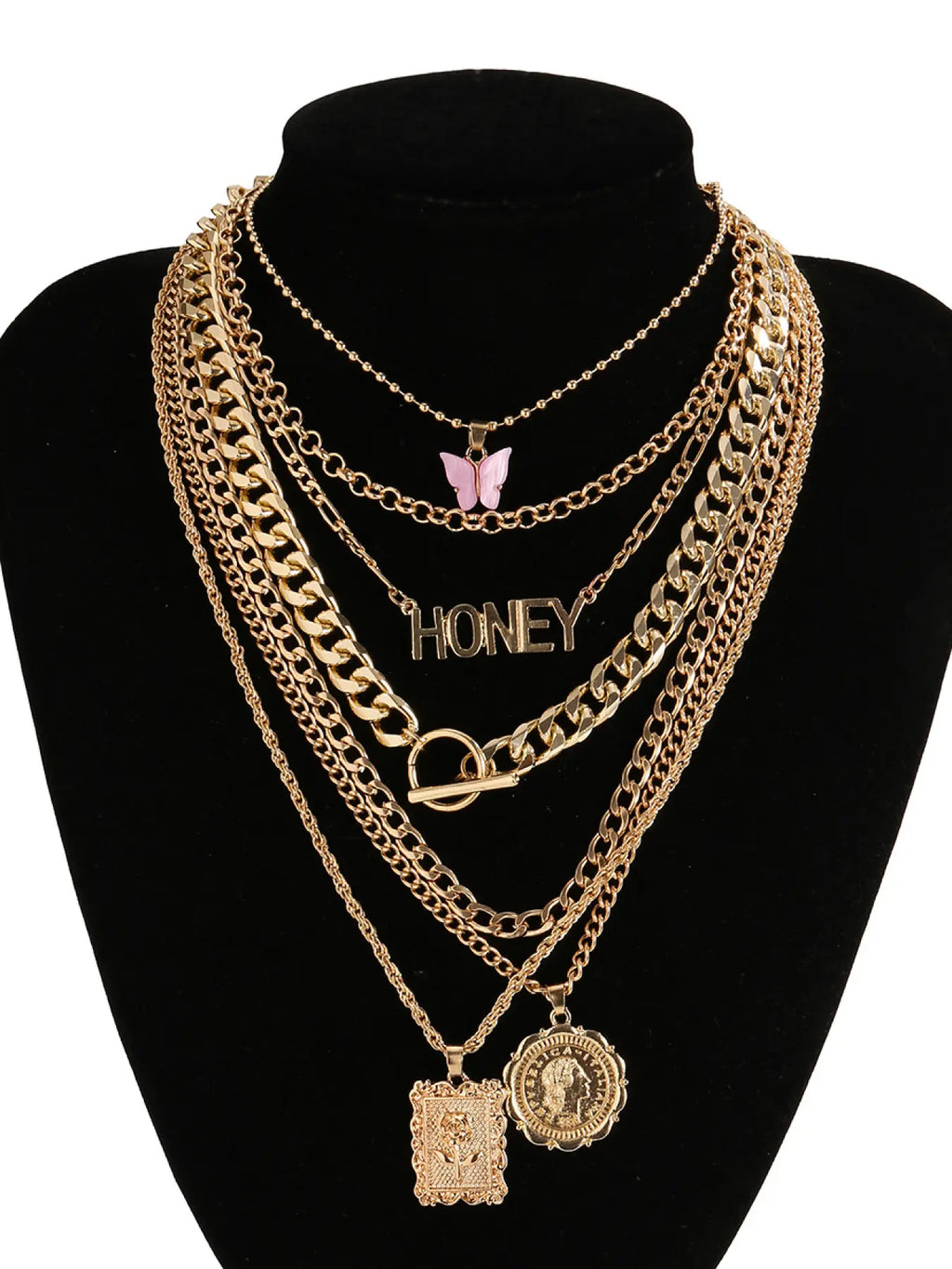 7-Piece Golden Layered Y2K Necklace Set with 'HONEY' Letter, Butterfly & Coin Charms Edgy Chic Accessory, Fashion Matching Boho Style Necklace for Daily, Party & Music Festival