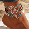 Women's 3-Piece Boho Chic Beaded Heart Charm Multi-Layer Anklets - Bohemian Body Jewelry with Exquisite Double-Layer Design, Ideal for Summer Vacation, Beach, Fashion Gift