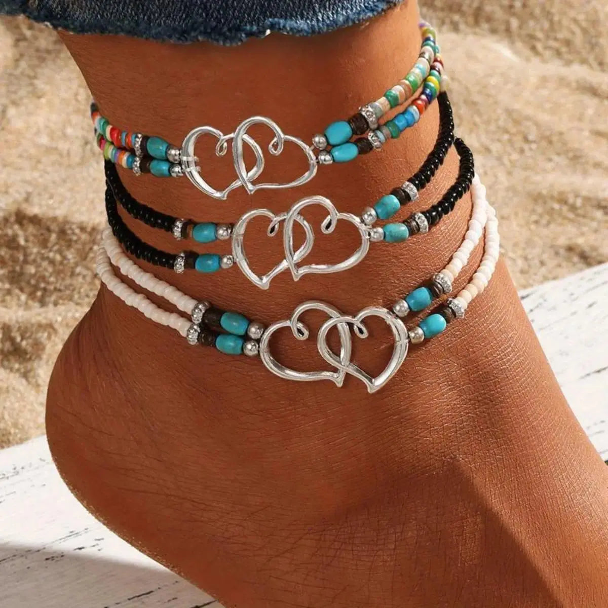 Women's 3-Piece Boho Chic Beaded Heart Charm Multi-Layer Anklets - Bohemian Body Jewelry with Exquisite Double-Layer Design, Ideal for Summer Vacation, Beach, Fashion Gift