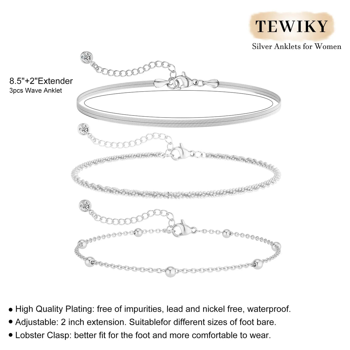 Tewiky Women's Silver Ankle Bracelet Set - Dainty Layered Waterproof Herringbone & Beaded Rope Chains, Adjustable Stackable Summer Beach Accessories, Perfect Beach Gift, Gifts for Women