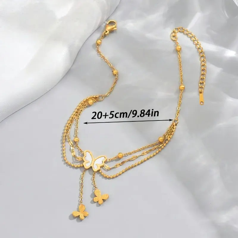 Three-Layer Bohemian Ankle Bracelet for Women Featuring White Beads And a Butterfly Design, Adjustable for Casual Wear, Perfect As a Christmas Present