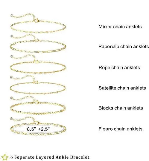 FOXGIRL Women's Waterproof All Day Adjustable Size Anklet Set (6PCS) - Herringbone Chain, Box Chain, Cuban Link, Paperclip Bead, Figaro Link Dainty Costume Jewelry for Summer Beach