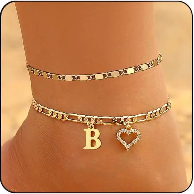Women's Initial Heart Charm Anklet - Adjustable Gold-Plated Waterproof Anklets for Women with Gold Accents, Ideal for Summer Beach Wear or Romantic Gifting, Gold Accents Anklets