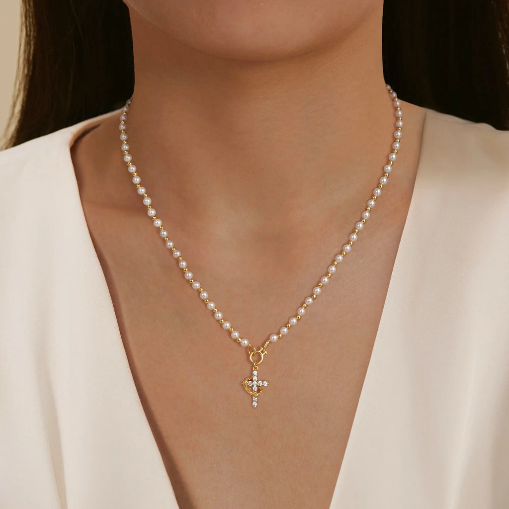 Tewiky Gold Pearl Beaded Crown Cross Necklace for Women, 4mm Pearls 3mm Beads Dainty Layered Style Jewelry Gift For Easter Back To School