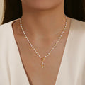 Tewiky Gold Pearl Beaded Crown Cross Necklace for Women, 4mm Pearls 3mm Beads Dainty Layered Style Jewelry Gift For Easter Back To School