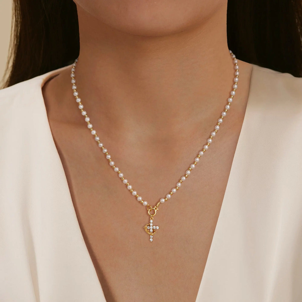 Tewiky Gold Pearl Beaded Crown Cross Necklace for Women, 4mm Pearls 3mm Beads Dainty Layered Style Jewelry Gift For Easter Back To School