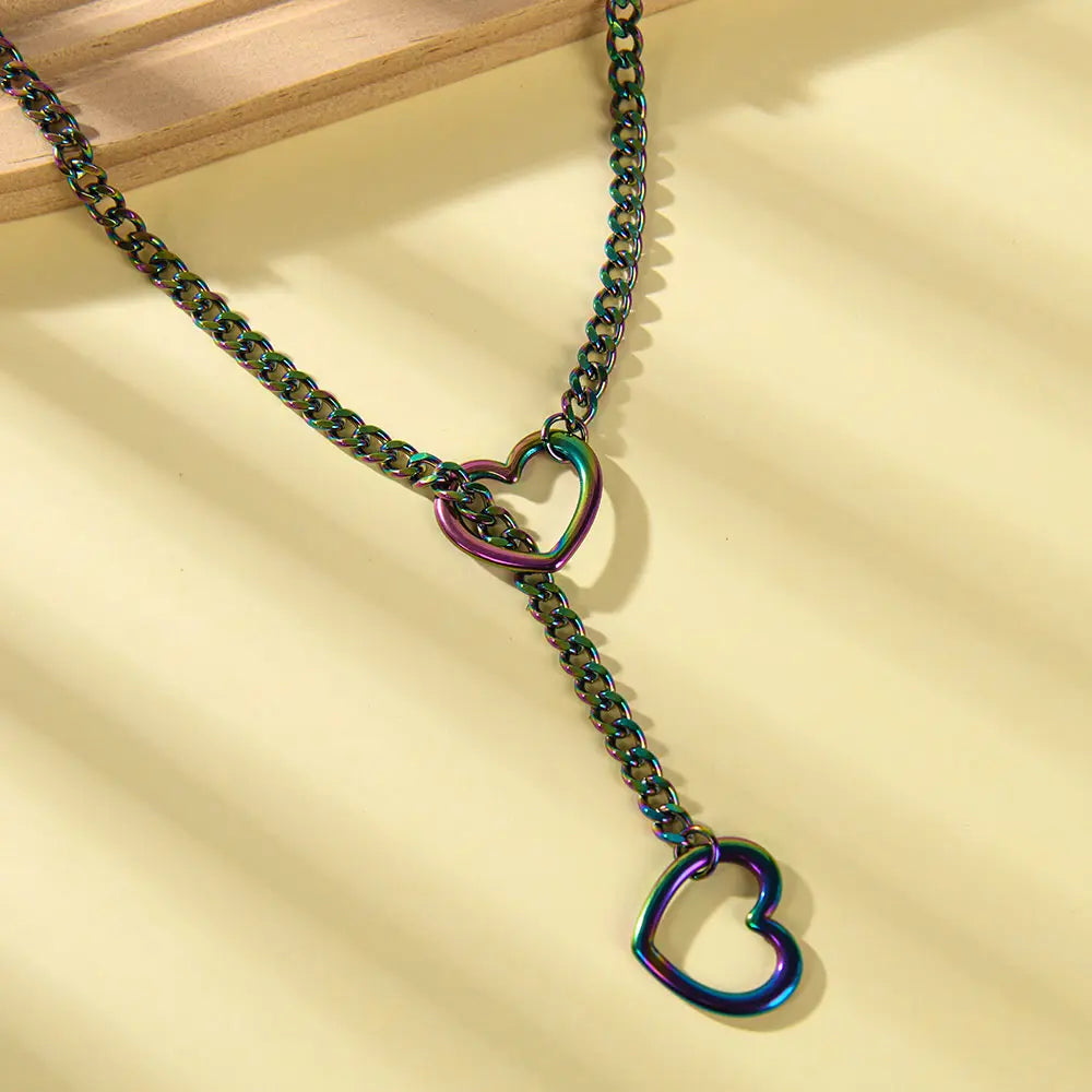 Women's Heart-Shaped Aesthetic Punk Rock Cuban Sliding Chain Necklace - Adjustable O-Shaped Lasso Y-Style, Customizable Elegant Fit Fashion Jewelry Accessories, Sweet Necklaces for Everyday Wear or Gifting,sohochic