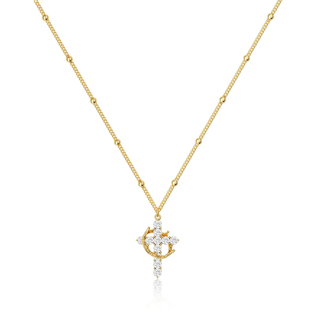 Tewiky Gold Pearl Beaded Crown Cross Necklace for Women, 4mm Pearls 3mm Beads Dainty Layered Style Jewelry Gift For Easter Back To School