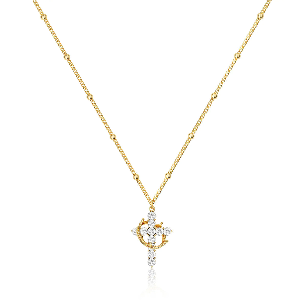 Tewiky Gold Pearl Beaded Crown Cross Necklace for Women, 4mm Pearls 3mm Beads Dainty Layered Style Jewelry Gift For Easter Back To School