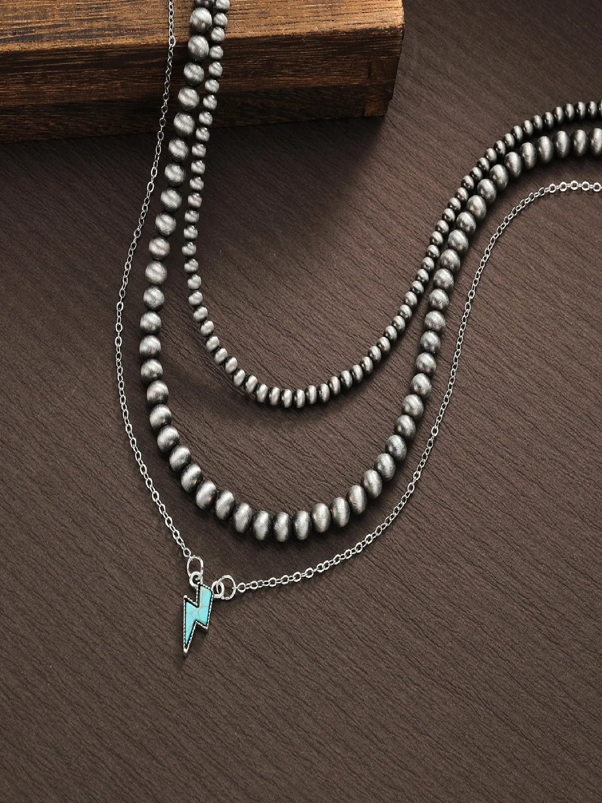 Fashionable Turquoise Lightning Alloy Pendant, Ccb Beaded Layered Stacking Necklace Set for Men and Women, Casual Accessory for Commute and Vacation, Costume Jewelry Necklace