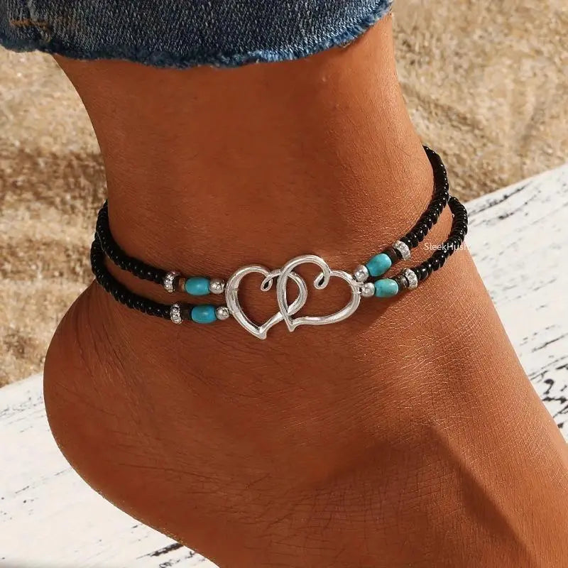 Women's 3pcs Slim Lightweight Boho Beaded Heart Multi-Layer Anklet Set - Adjustable Universal Fit, Female Outdoor Sports Accessory with White Crystal, Dainty Beach Wear for Boho Chic Outfits, Daily Use, Birthday Gift