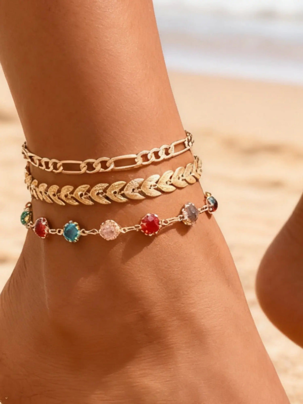 3-Piece Fashion Wheat Ears Colorful Rhinestone Chain Layered Anklet Set for Women, Simple and Stylish Party Wedding Vacation Anklets, Dainty Layered Anklet, Foot Jewelry, Accessories, Fashionable Accessory, Trendy Fashionable Accessories
