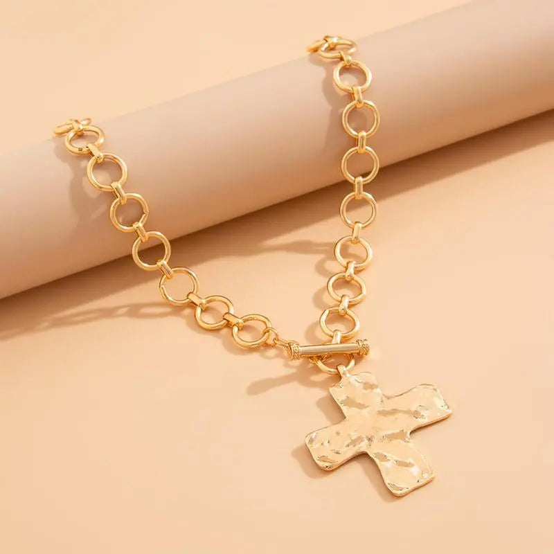 Loyalove 14K Gold Plated Chunky Cross Necklace for Women Statement Cross Pendant Necklace Layered Hammered Bold Cross Necklace Vintage Toggle Clasp Necklace Jewelry For Easter Gift