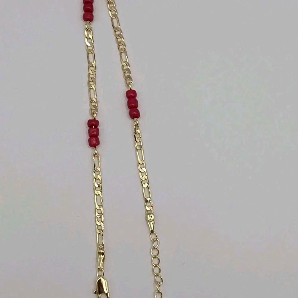 Ankle bracelet fashion style with red beads  protection figaro link 8 to 11 inches GOLD-PLATED Anklet
