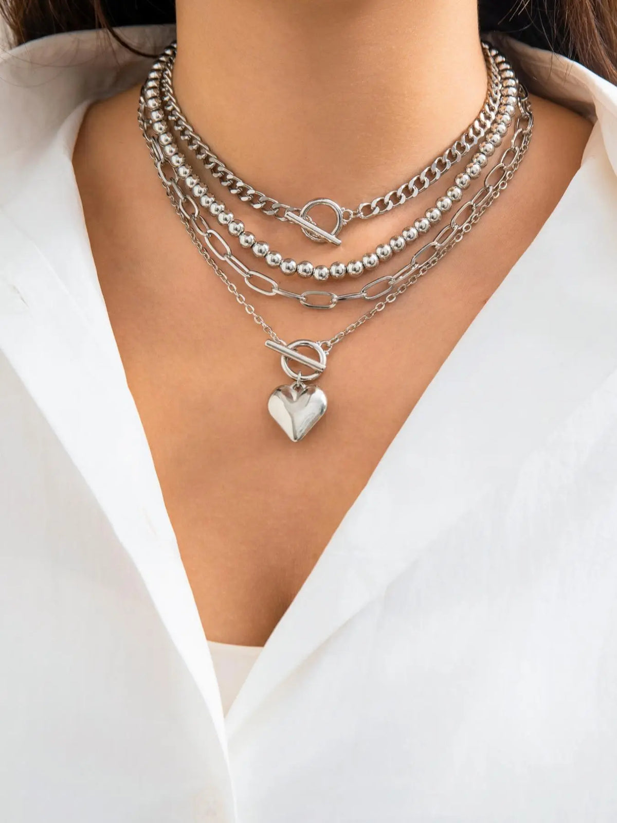 Women's Punk Style Love Heart Necklace & Beaded Necklace, Stackable Clavicle Chain, Multilayer Necklace, Layered necklaces, Stacking Necklace, 4pcs/set Ot Buckle Design Matching Necklaces, Chic All-match As Gift for Girlfriend, Exquisite Jewelry Gift