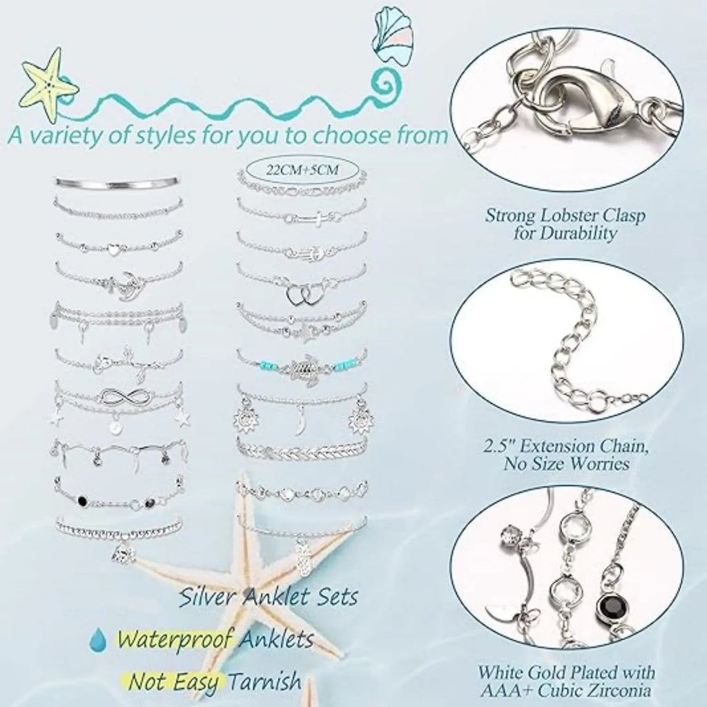 20Pcs Ankle Bracelets for Women Adjustable Beach Anklet Set Surfer Anklet Heart Star Turtle Infinite Anklets Foot Jewelry