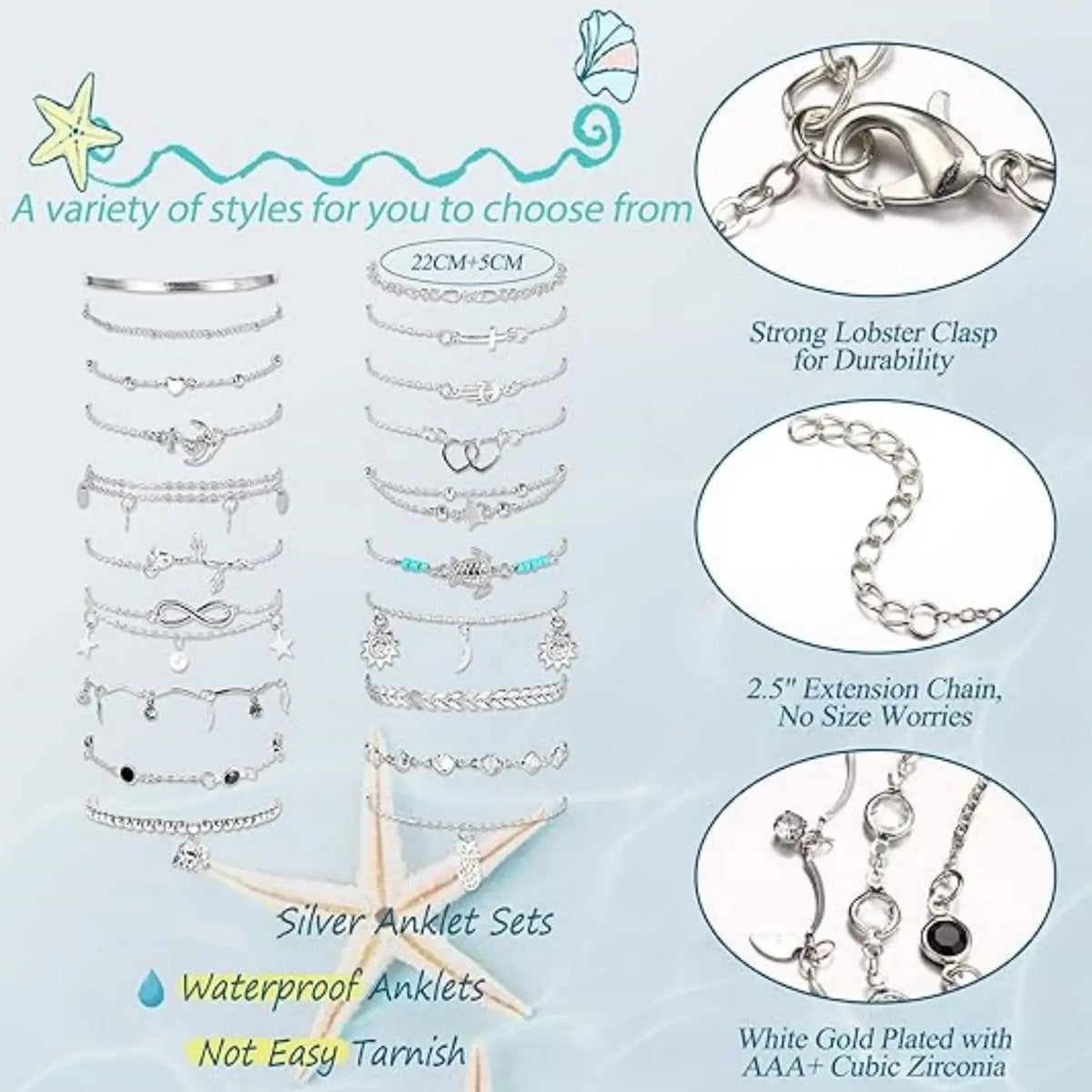 20Pcs Ankle Bracelets for Women Adjustable Beach Anklet Set Surfer Anklet Heart Star Turtle Infinite Anklets Foot Jewelry