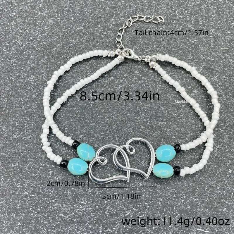 Women's 3pcs Slim Lightweight Boho Beaded Heart Multi-Layer Anklet Set - Adjustable Universal Fit, Female Outdoor Sports Accessory with White Crystal, Dainty Beach Wear for Boho Chic Outfits, Daily Use, Birthday Gift