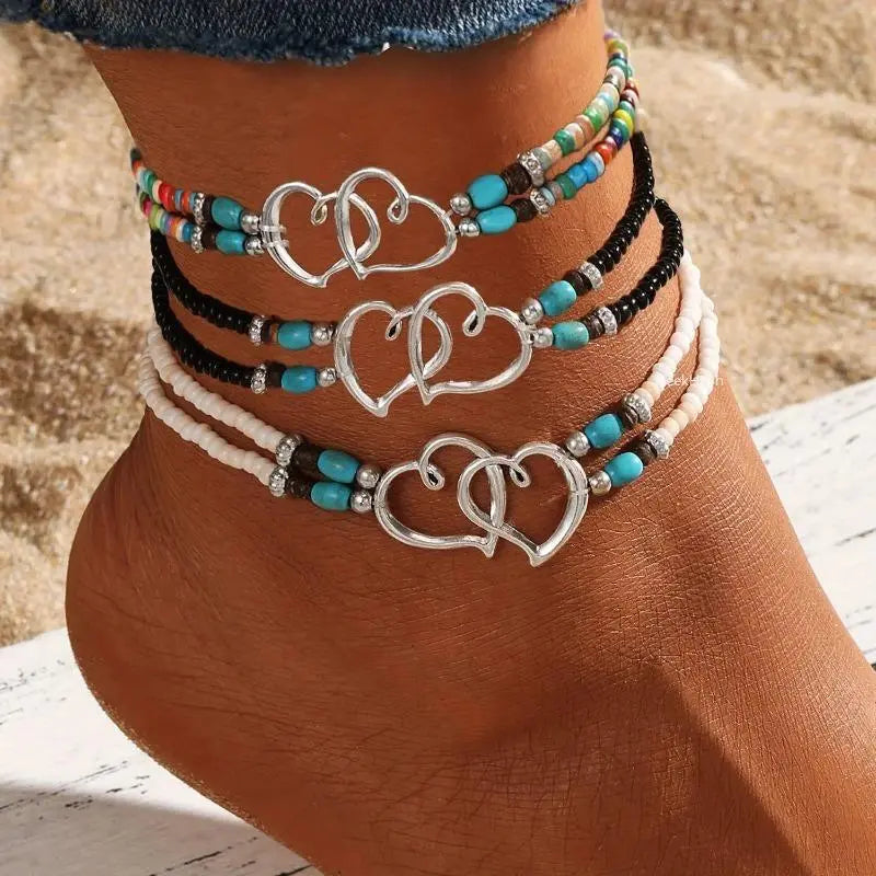 Women's 3pcs Slim Lightweight Boho Beaded Heart Multi-Layer Anklet Set - Adjustable Universal Fit, Female Outdoor Sports Accessory with White Crystal, Dainty Beach Wear for Boho Chic Outfits, Daily Use, Birthday Gift