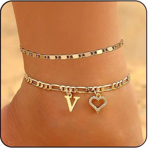 Women's Initial Heart Charm Anklet - Adjustable Gold-Plated Waterproof Anklets for Women with Gold Accents, Ideal for Summer Beach Wear or Romantic Gifting, Gold Accents Anklets