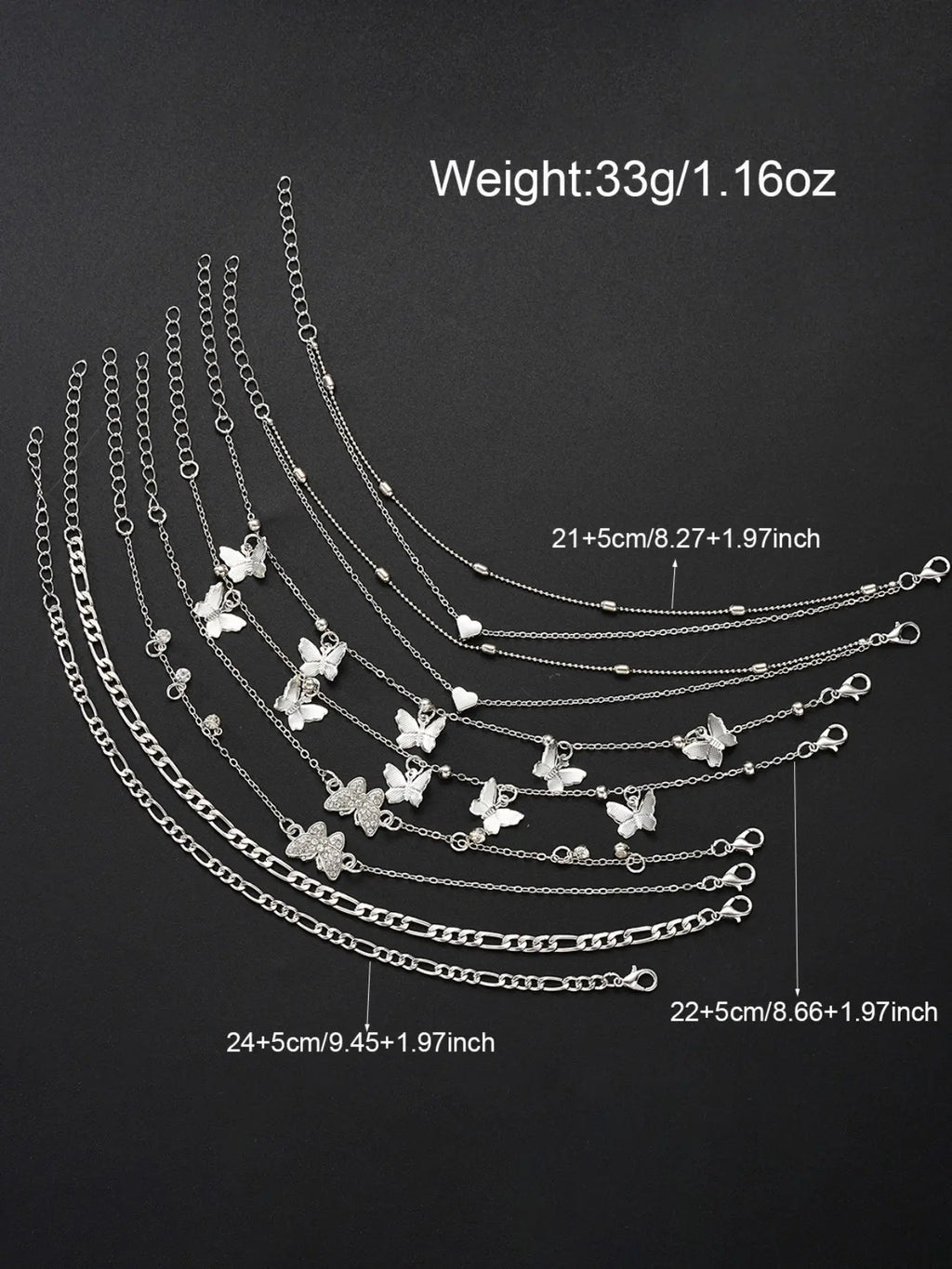 Women Butterfly Design Heart Anklet Set, 8-Piece Simple Fashion Jewelry, Gift Ready Perfect Gift for Parties & Daily Wear, Ideal for Dating & Vacation, Trendy Jewelry, Wearable Jewelry, Jewellery
