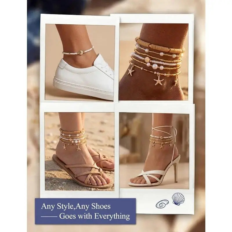 CASSIECA 6Pcs Ankle Bracelets for Women Waterproof Beaded Anklet Bracelet Set Layered Boho Starfish Seashell Summer Beach Jewelry