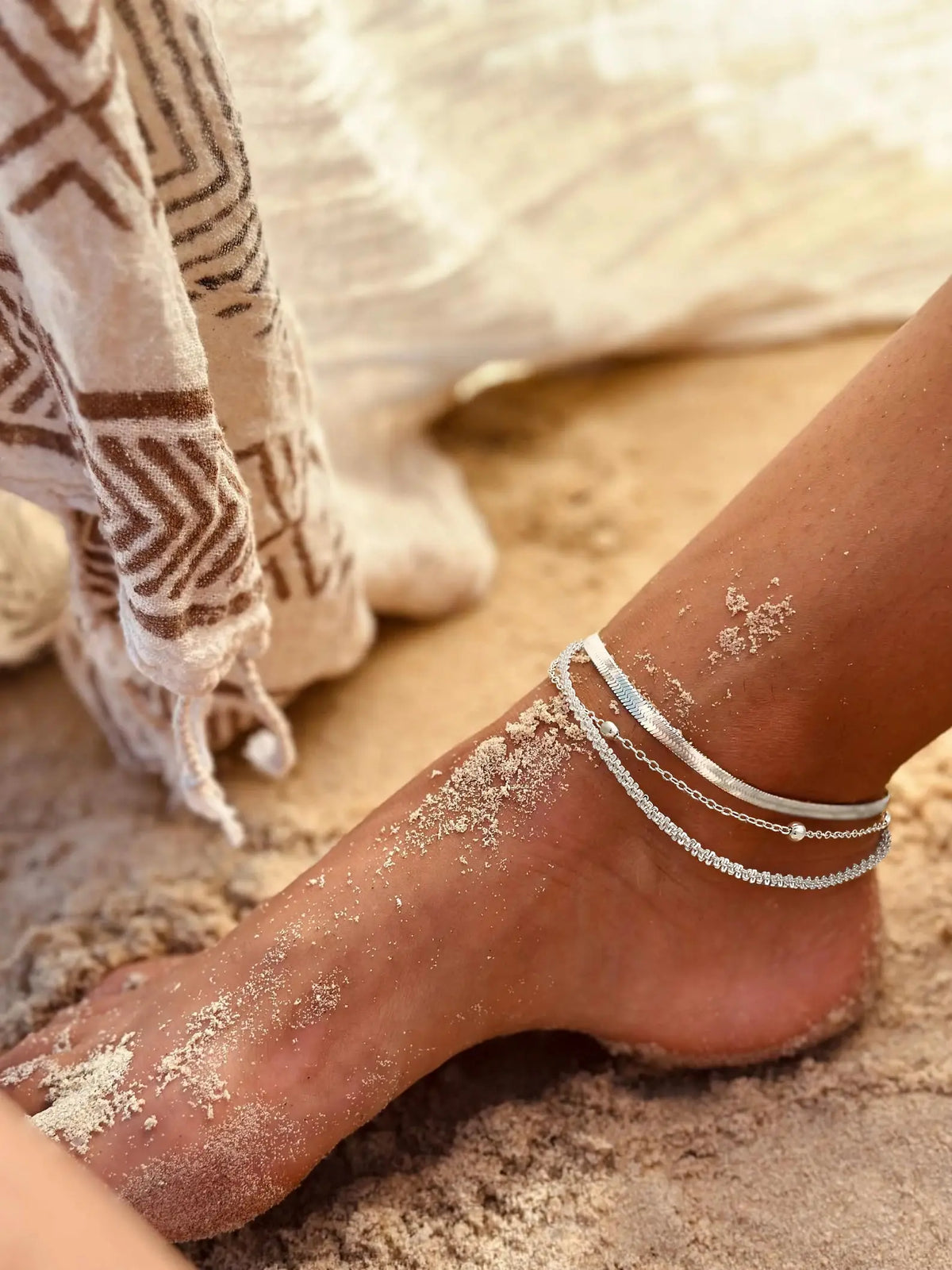 Tewiky Women's Silver Ankle Bracelet Set - Dainty Layered Waterproof Herringbone & Beaded Rope Chains, Adjustable Stackable Summer Beach Accessories, Perfect Beach Gift, Gifts for Women