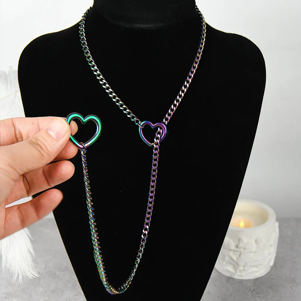 Women's Heart-Shaped Aesthetic Punk Rock Cuban Sliding Chain Necklace - Adjustable O-Shaped Lasso Y-Style, Customizable Elegant Fit Fashion Jewelry Accessories, Sweet Necklaces for Everyday Wear or Gifting,sohochic