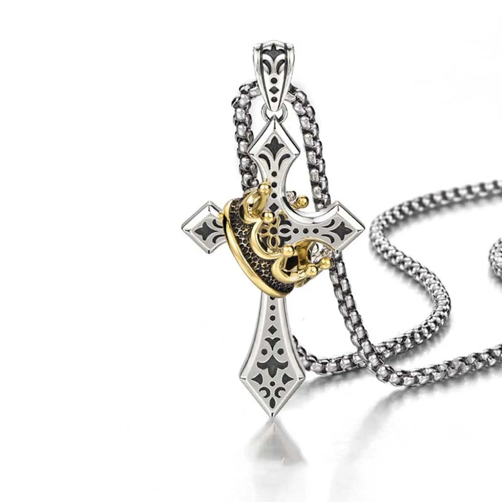 Cross and Crown Motif Necklace in Stainless Steel, Spiritual Christian Charm Jewelry for Men and Women, Faith Prayer Gift, Spiritual Jewelry