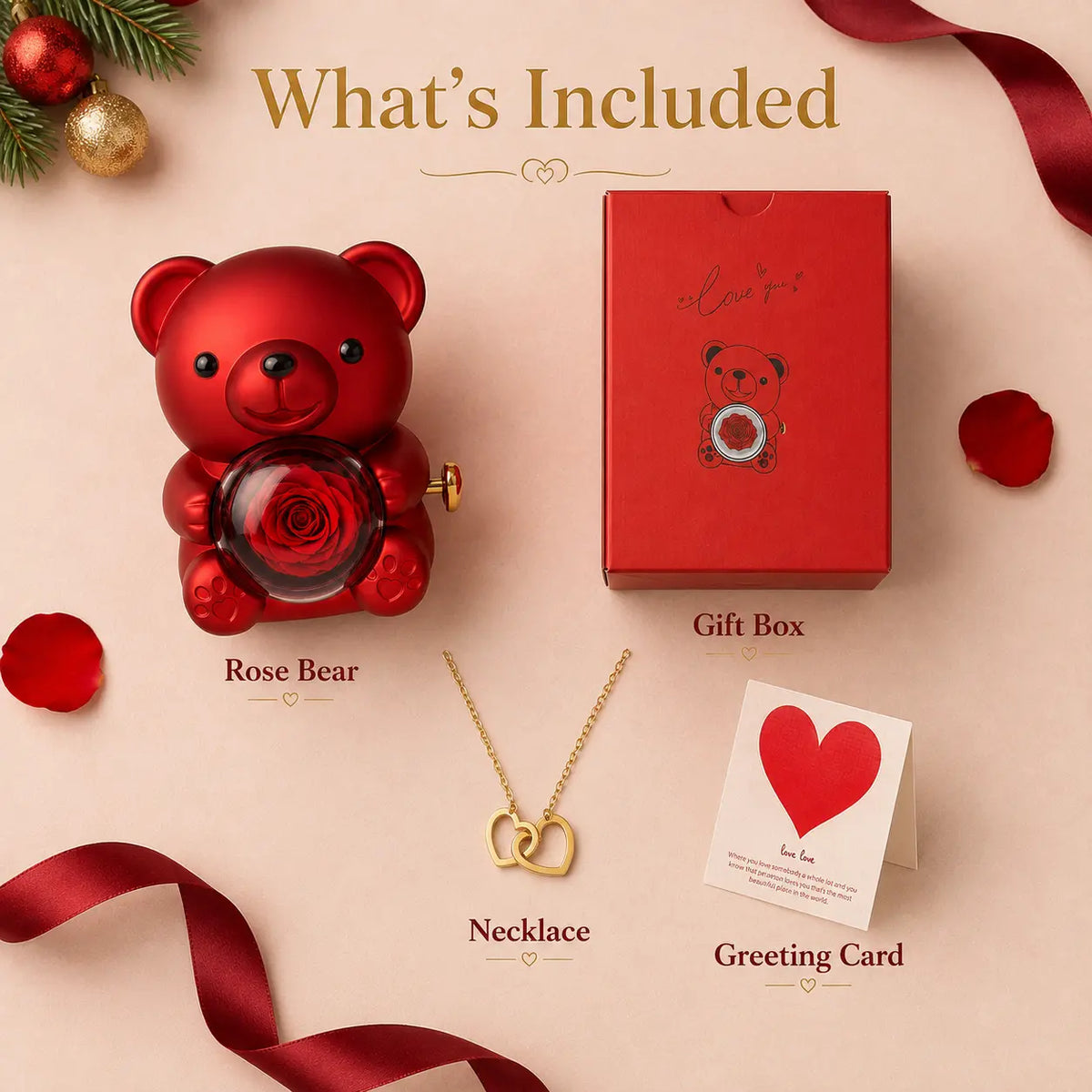【Necklace Included】Cute Teddy Bear with Preserved Rose & Adorable Stuffed Bouquet - Personalized Present with Gift Box Design - Customizable Anniversary Gifts for Her Festive Party Supply Customizable Gift Gift Box Set,sohochic