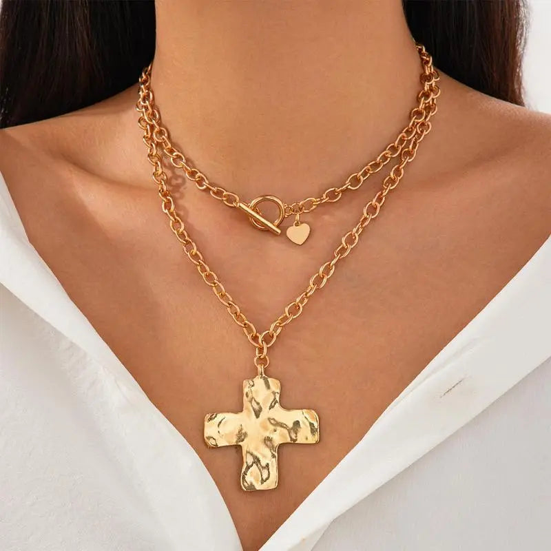 Loyalove 14K Gold Plated Chunky Cross Necklace for Women Statement Cross Pendant Necklace Layered Hammered Bold Cross Necklace Vintage Toggle Clasp Necklace Jewelry For Easter Gift