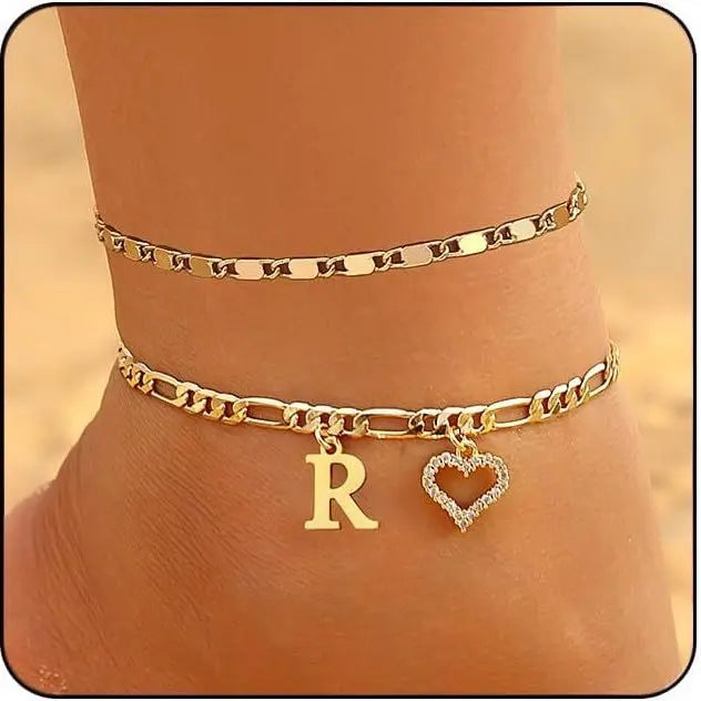 Women's Initial Heart Charm Anklet - Adjustable Gold-Plated Waterproof Anklets for Women with Gold Accents, Ideal for Summer Beach Wear or Romantic Gifting, Gold Accents Anklets