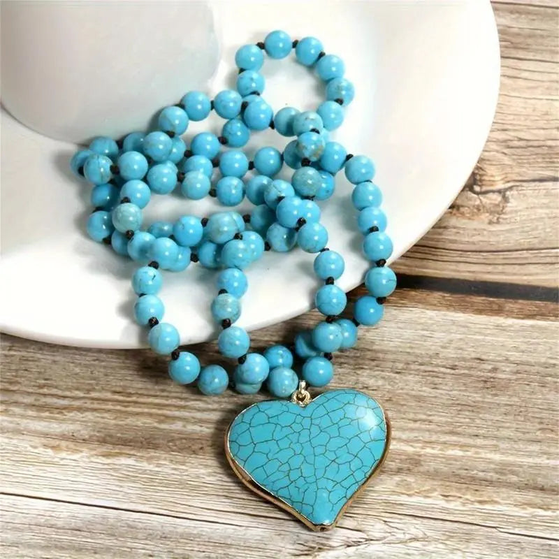 Women's Boho Vintage Turquoise Stone Fashion Necklace - 86-88cm Long Layered Chain, Allergy-Safe Blue Jeweled Pendant, Handmade Coastal Artistic Statement Costume Jewelry, Festival Beach Gift,sohochic