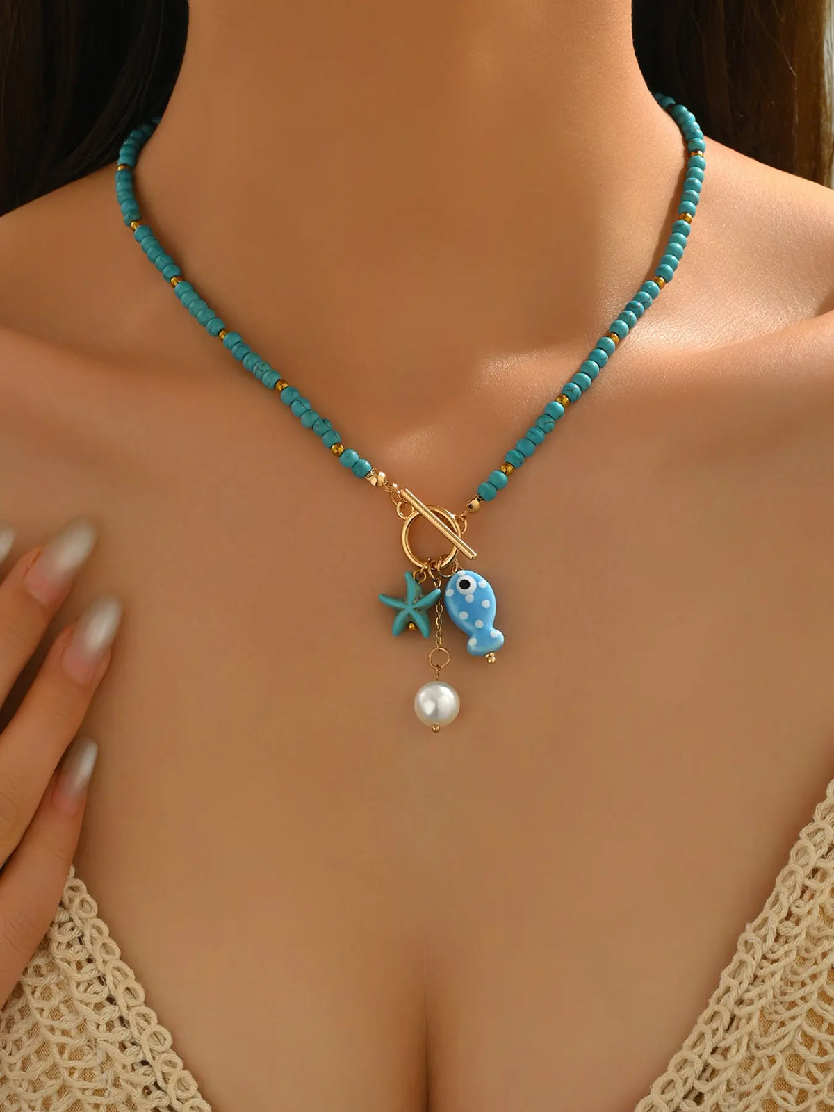 Summer Ceramic Fish & Starfish Pendants Beaded Necklace, with Toggle Clasp Design, Fashion Faux Pearl Decor Necklace, Cute Summer Jewelry, Jewelry Gifts, Perfect Gift for Women