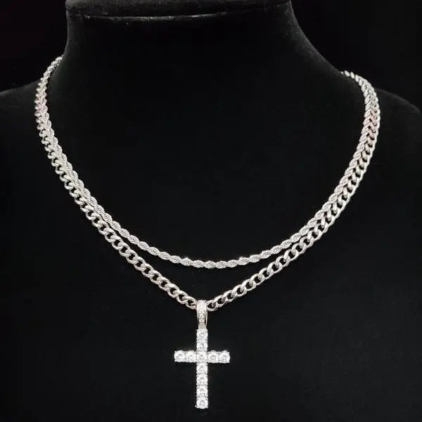 Men's Stainless Steel Double Cuban Link Chain Necklace - Iced Out Chunky Chain Jewelry, Double Layer Cross Clavicle Ornament, Hip-Hop Style Concert Accessory with High Quality Look