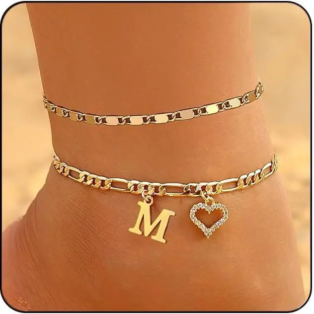 Women's Initial Heart Charm Anklet - Adjustable Gold-Plated Waterproof Anklets for Women with Gold Accents, Ideal for Summer Beach Wear or Romantic Gifting, Gold Accents Anklets