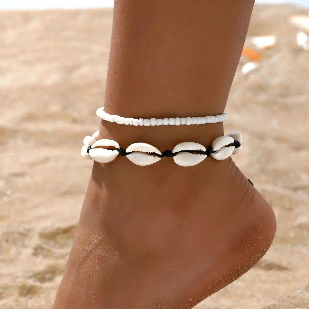 2PCS Bohemia Natural Shell Anklets For Women Small Resin Beads Summer Beach Shell Barefoot Ankle Bracelet Leg Chain Foot Jewelry