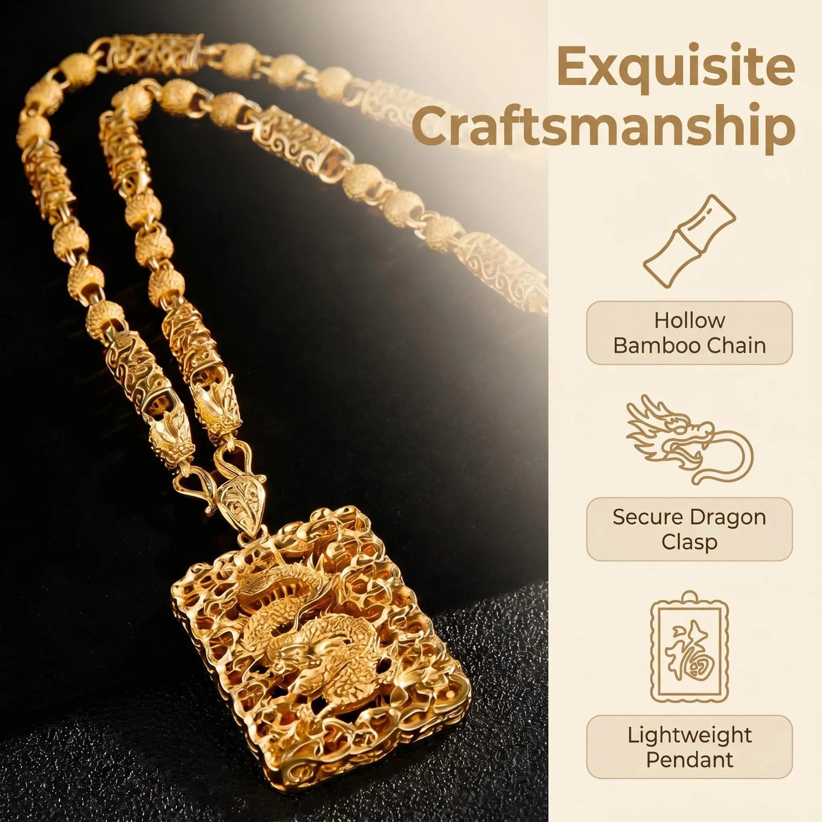 Men's Chunky Gold-Plated Gold Dragon Design Necklace - High-Polish Bold Intricate Statement Pendant, Exquisite Costume Jewelry for Husband, Special Events Daily Wear, Powerful Gift Symbolizing Power, Good Fortune, Strength