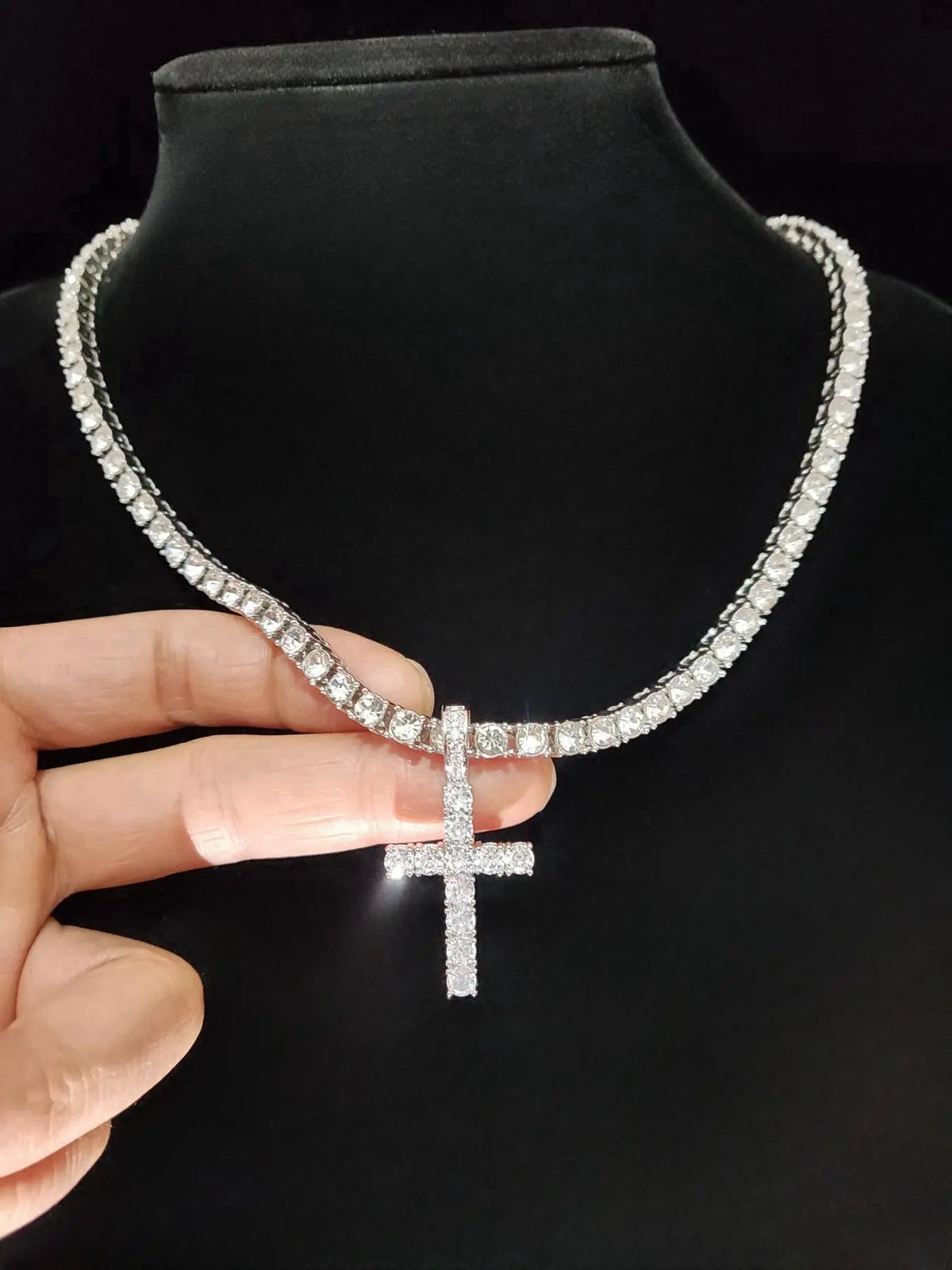 Men's Street Style Artificial Zircon Inlaid Cross Pendant & Cuban Links Chain Necklace, Fashion Jewelry for Party, Daily Decor, Trendy All-match & Exquisite Jewelry for Birthday Gift