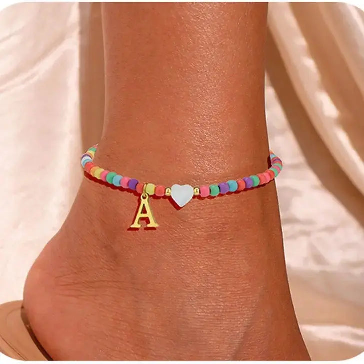 Tewiky Women's Gold Mother-of-Pearl Heart Initial Charm Anklet with Bright Colored Seed Beads - 1-Piece Casual Alphabet Foot Jewelry, Elegant Personalized Beachwear Gift