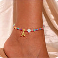Tewiky Women's Gold Mother-of-Pearl Heart Initial Charm Anklet with Bright Colored Seed Beads - 1-Piece Casual Alphabet Foot Jewelry, Elegant Personalized Beachwear Gift