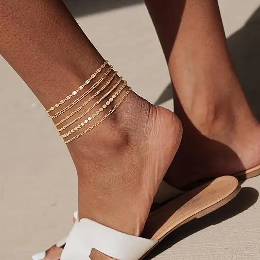 FOXGIRL Women's Waterproof All Day Adjustable Size Anklet Set (6PCS) - Herringbone Chain, Box Chain, Cuban Link, Paperclip Bead, Figaro Link Dainty Costume Jewelry for Summer Beach