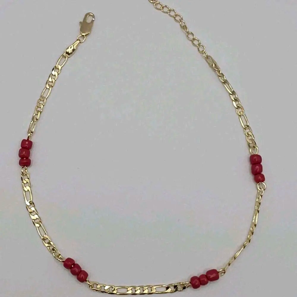 Ankle bracelet fashion style with red beads  protection figaro link 8 to 11 inches GOLD-PLATED Anklet